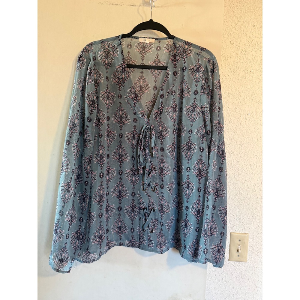 maurices Blue Paisley Print Tie Neck Long Sleeve Blouse Womens Size 1 Boho Fairy